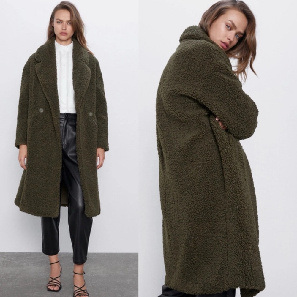 Zara Cozy Faux Fur Teddy FLEECE Coat Jacket w/ Lapel Collar Brown Size S NEW